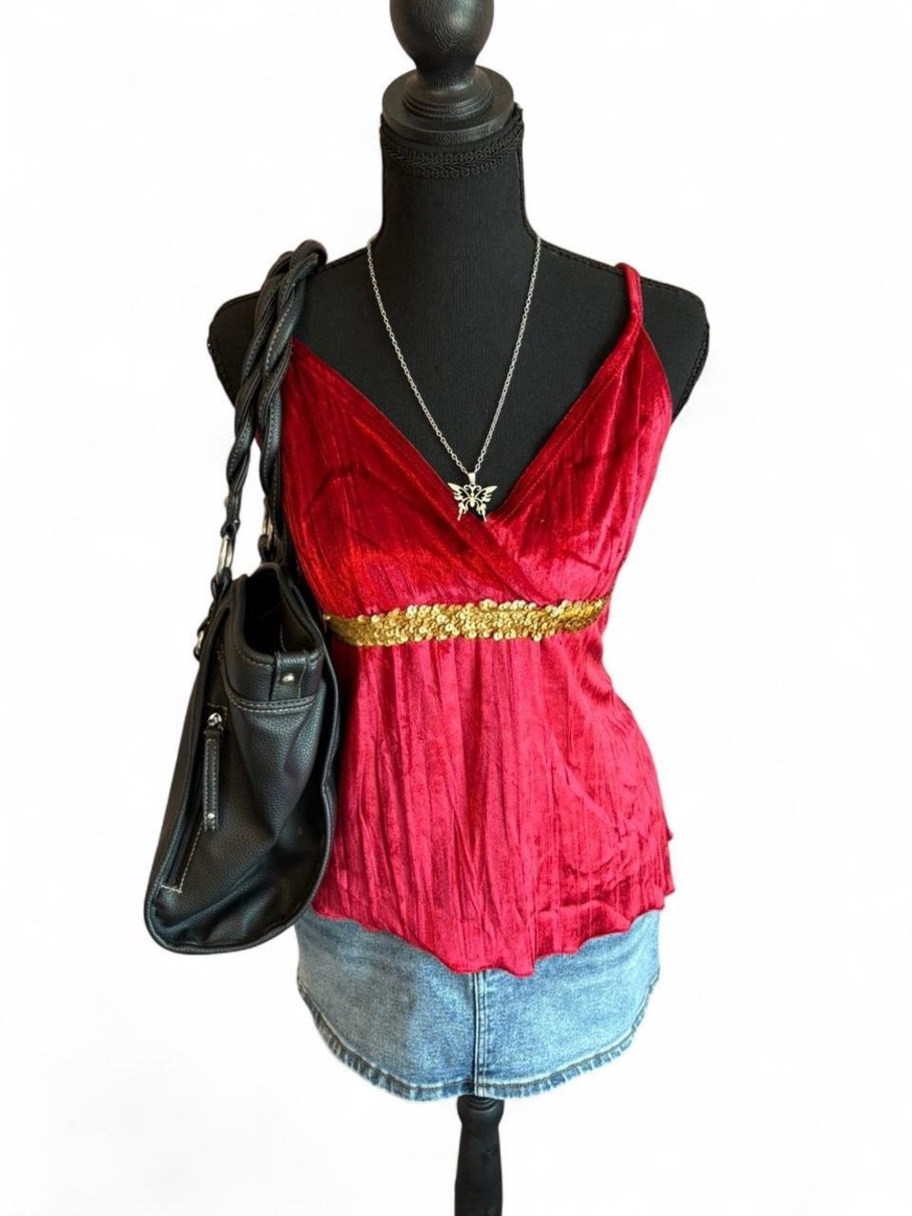 Anxiety Y2K Red Velvet V-Neck Spaghetti Strap Top with Gold Trim, Size Large
